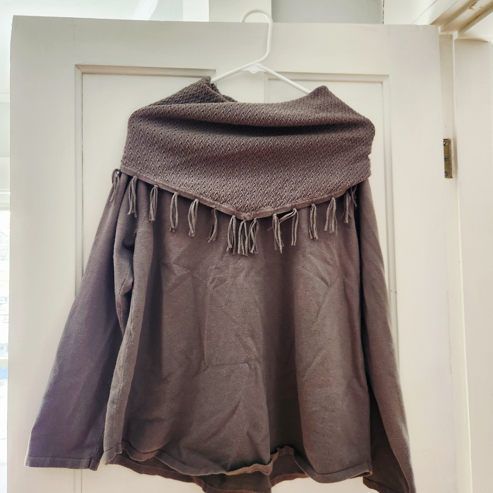 Style & Co. Brown Fringe Trim Poncho Sweater